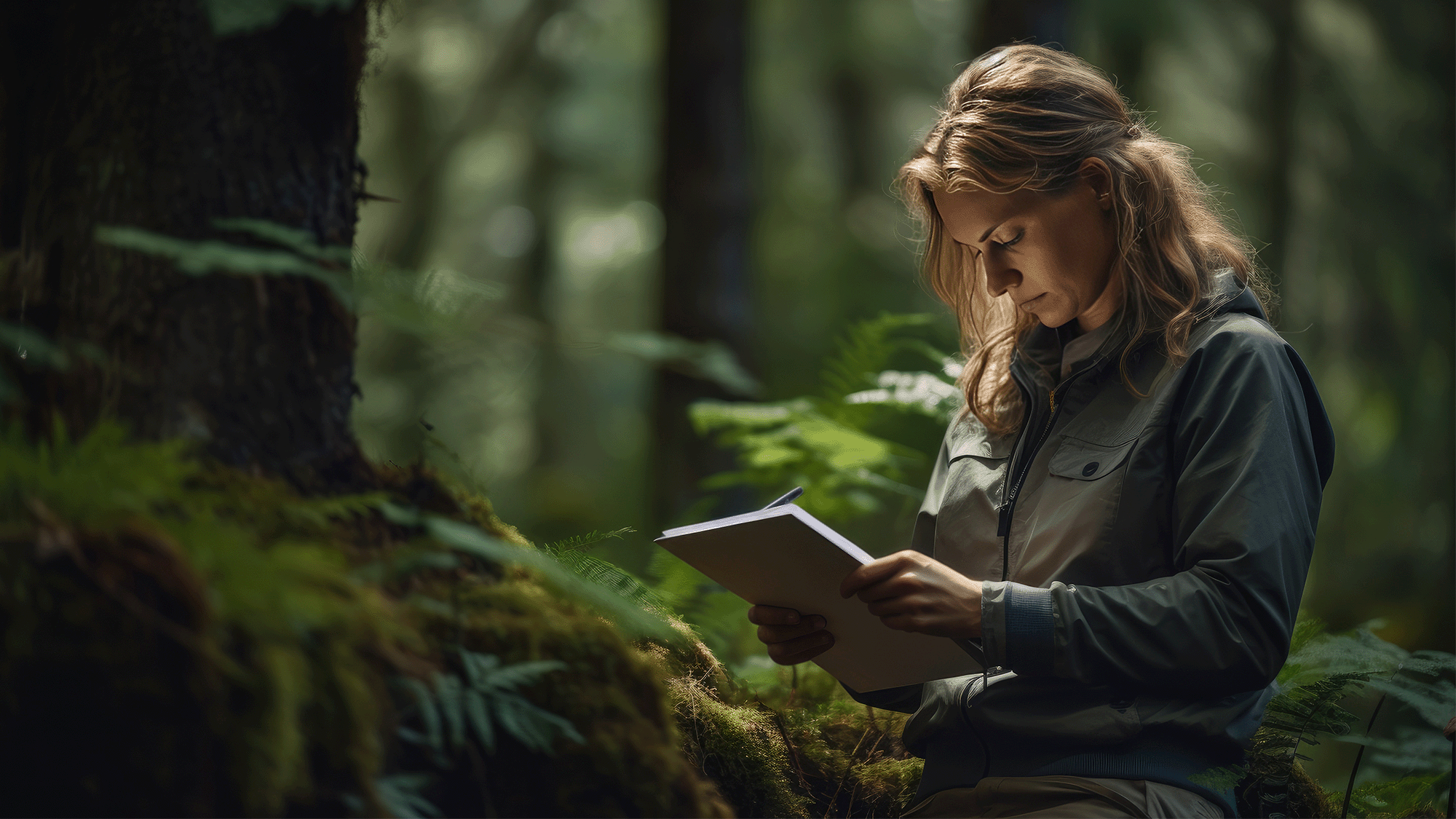 Eine Frau in der Natur, die auf ein Tablet schaut